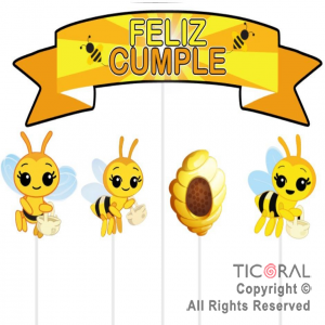 ADORNO PINCHE PARA TORTA FELIZ CUMPLE ABEJITAS x 5 UNIDADES